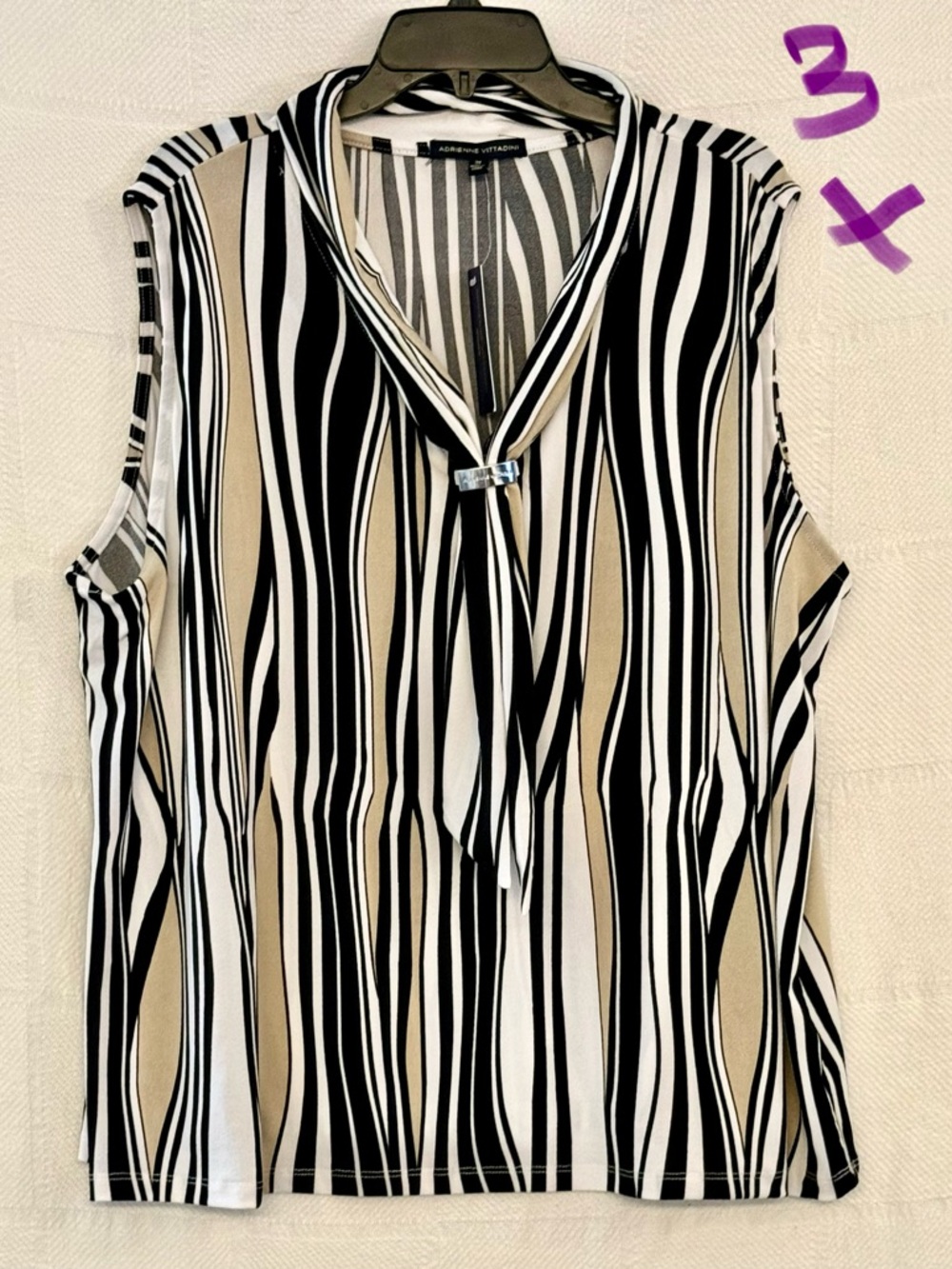 Adrienne Vittadini Black White and Beige Striped Tie-Neck Sleeveless Camisole